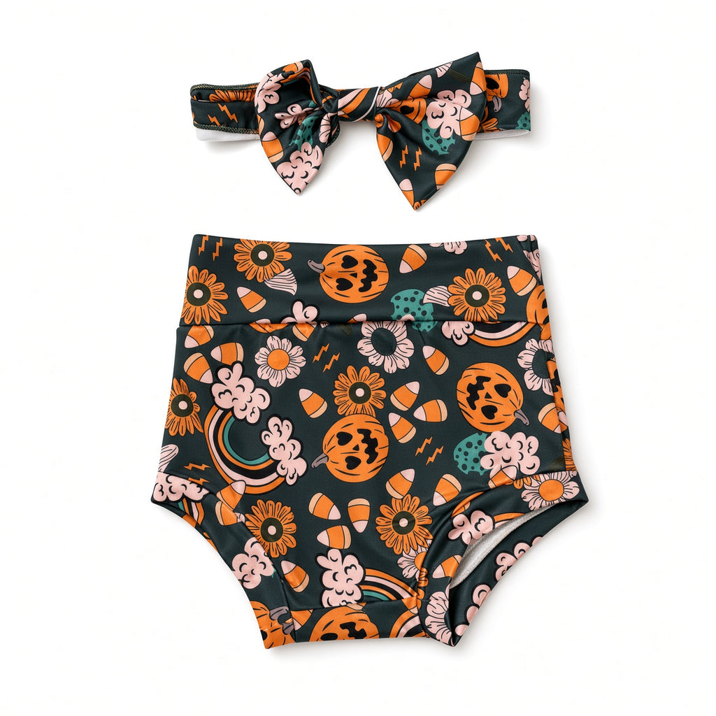 Halloween pumpkin print baby bummies and matching bow headband
