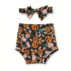 Halloween pumpkin print baby bummies and matching bow headband