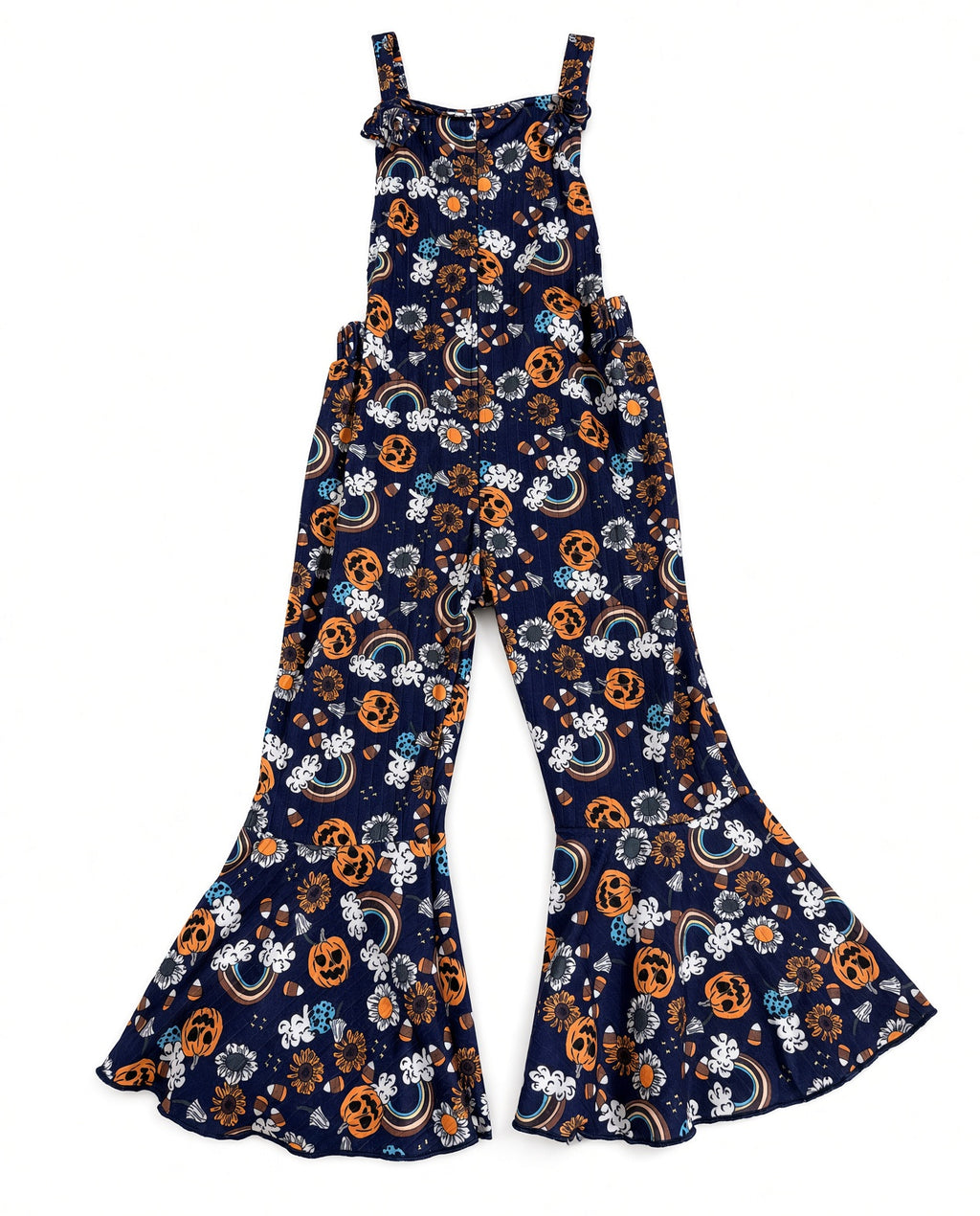 Navy Halloween pumpkin print jumpsuit with ruffle straps and wide bell-bottom legs, front view
