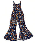 Navy Halloween pumpkin print jumpsuit with ruffle straps and wide bell-bottom legs, front view