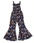 Navy Halloween pumpkin print jumpsuit with ruffle straps and wide bell-bottom legs, front view