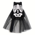 Black skeleton print baby romper with tulle tutu skirt, front view