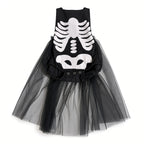 Black skeleton print baby romper with tulle tutu skirt, front view