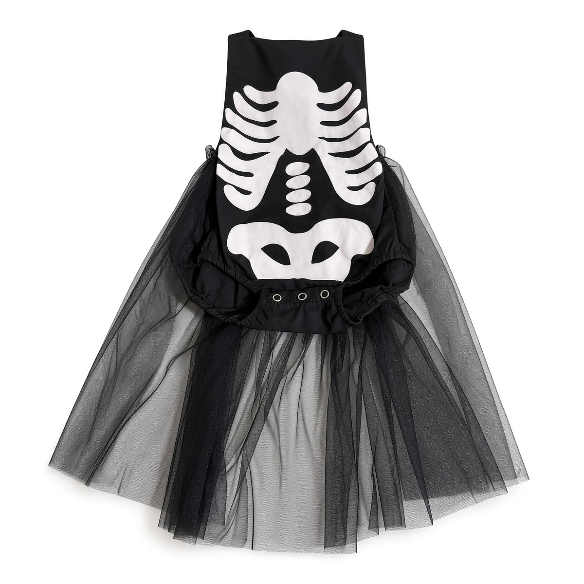 Black skeleton print baby romper with tulle tutu skirt, front view
