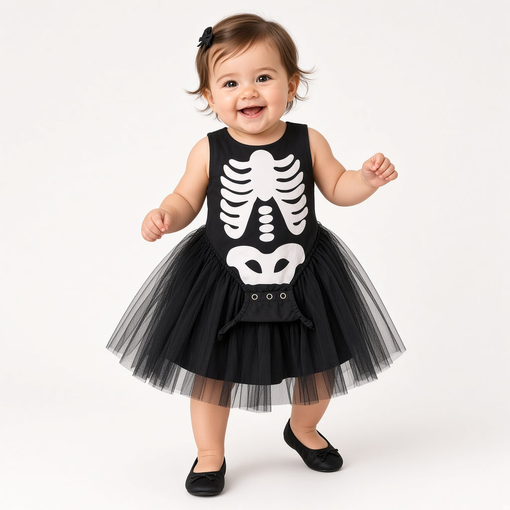 Baby wearing a black skeleton print tutu romper for Halloween