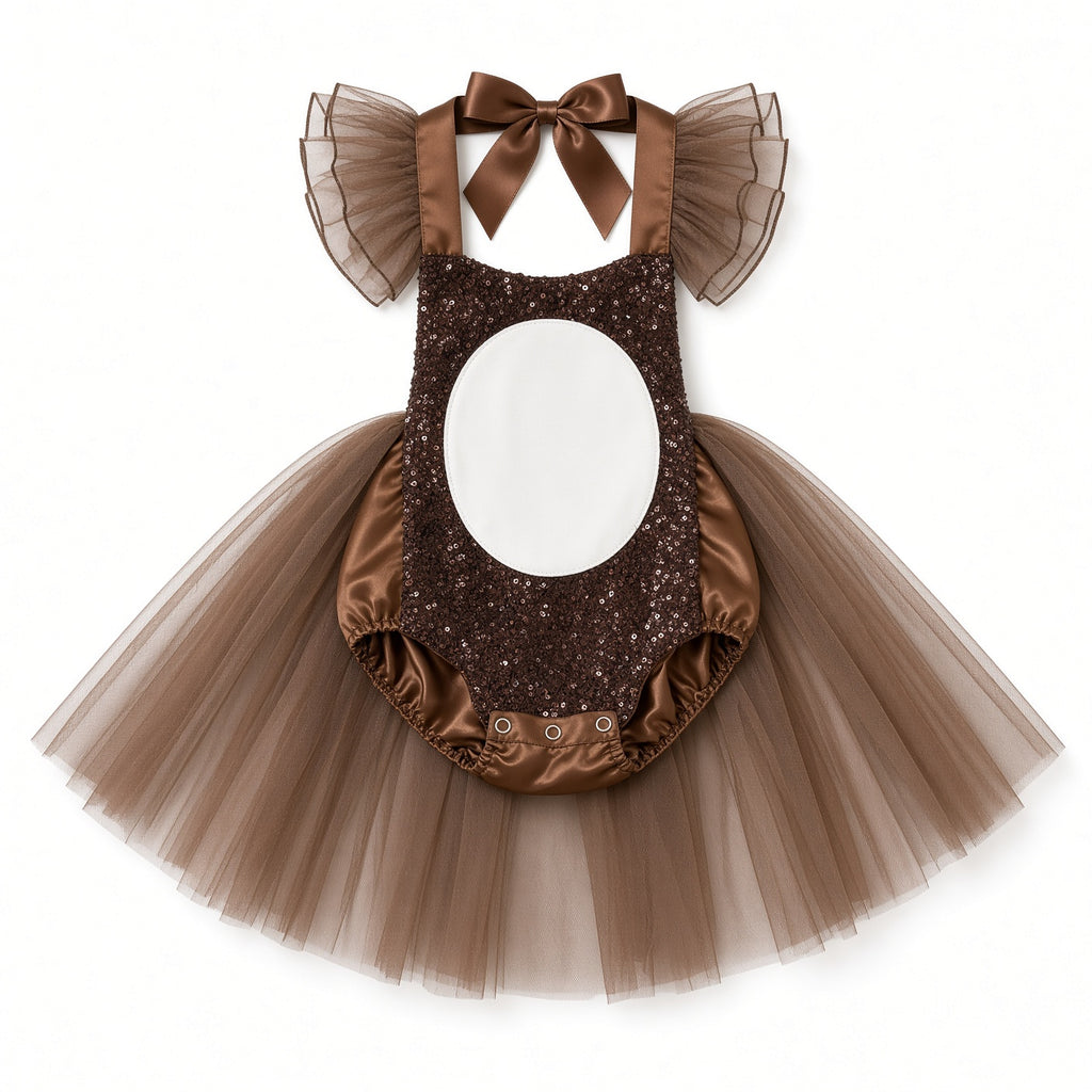 Brown sequin bear tutu romper with white belly patch and bow, front view