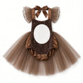 Brown sequin bear tutu romper with white belly patch and bow, front view