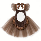 Brown sequin bear tutu romper with white belly patch and bow, front view