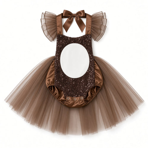 Brown sequin bear tutu romper with white belly patch and bow, front view