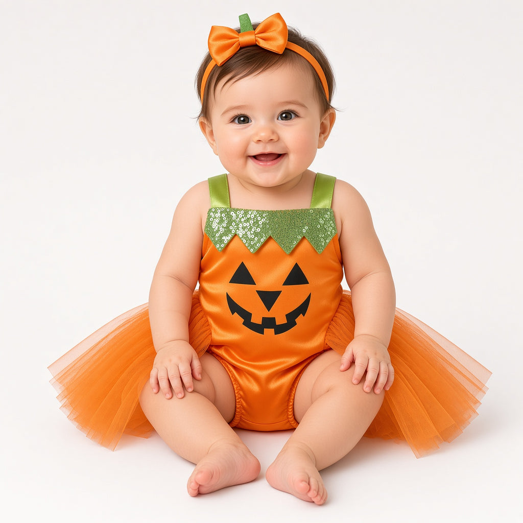 Baby wearing an orange jack-o-lantern tutu romper with bow headband