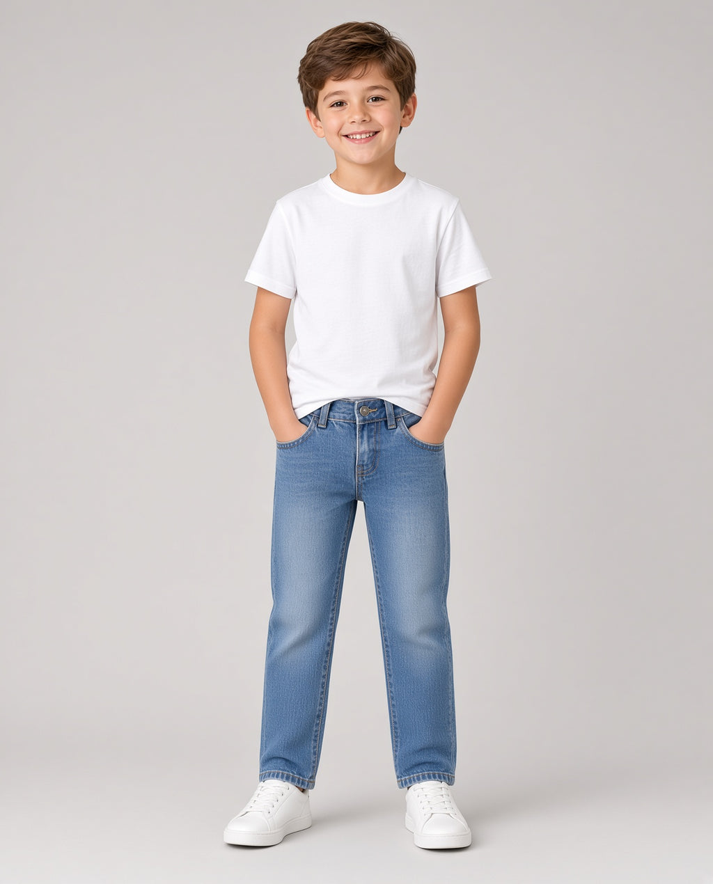 Boy wearing light-blue straight jeans with a white tee