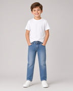 Boy wearing light-blue straight jeans with a white tee