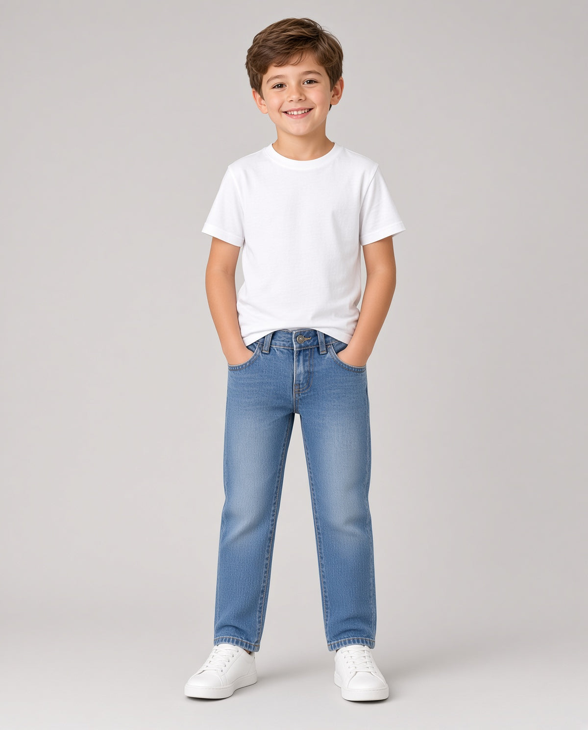 Boy wearing light-blue straight jeans with a white tee