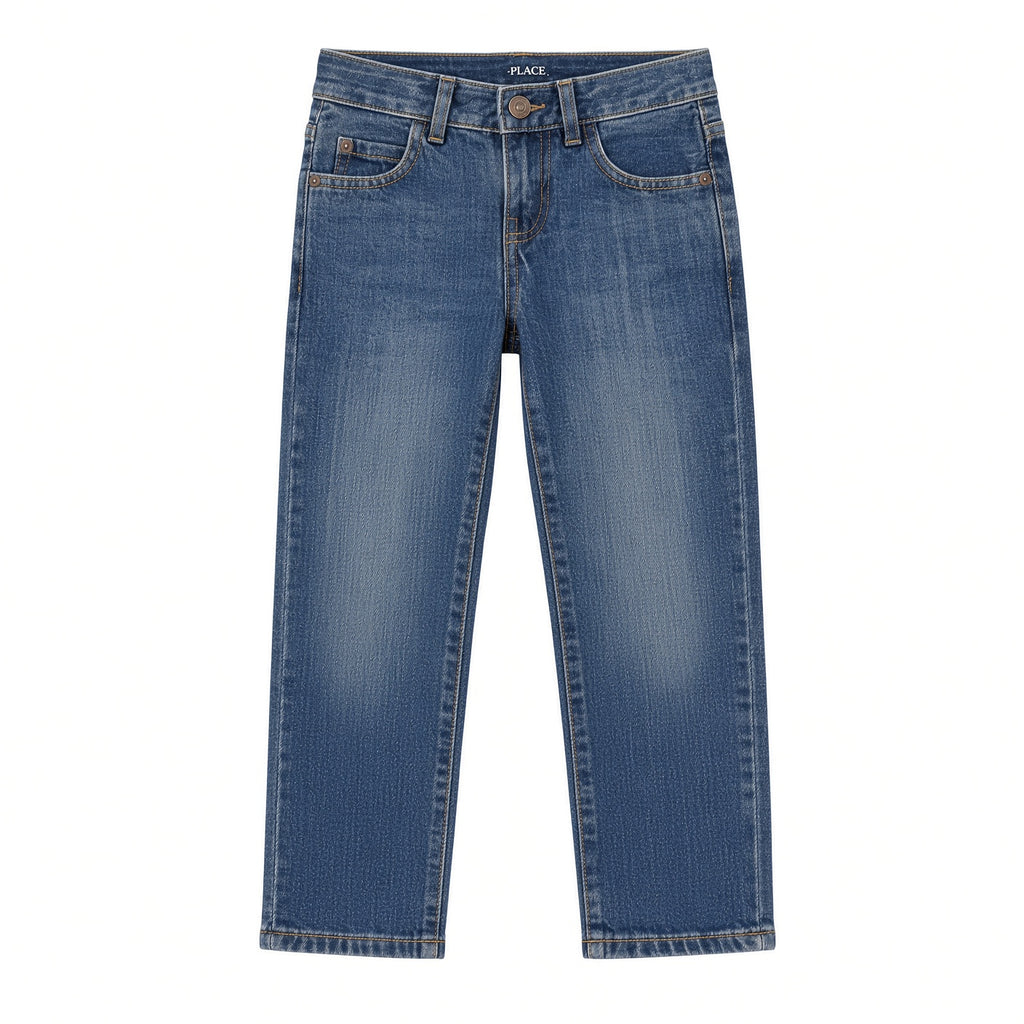 Boys dark-blue straight leg jeans, front view