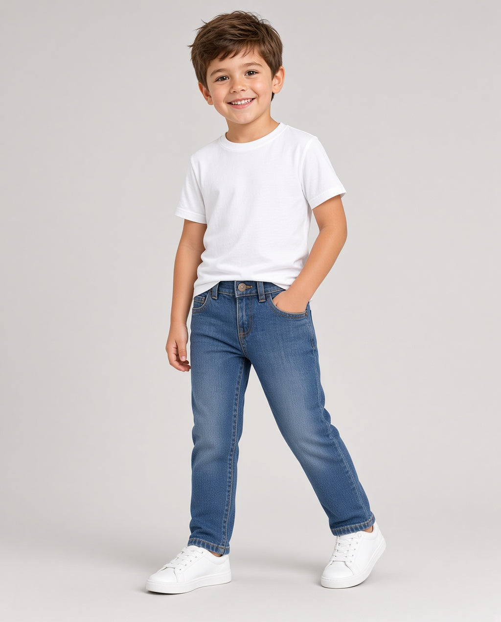 Boy wearing dark-blue straight jeans with a white tee