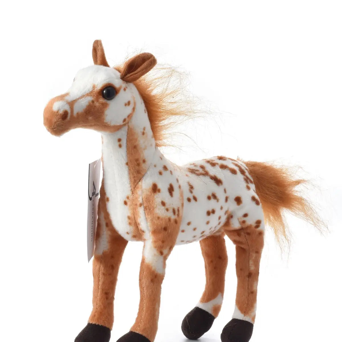 Kawai plush horse in white with brown spots, light mane and tail, standing