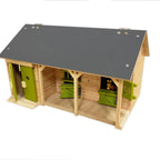 1:32 wooden horse stable toy with gray roof, green doors, and two stalls, front view