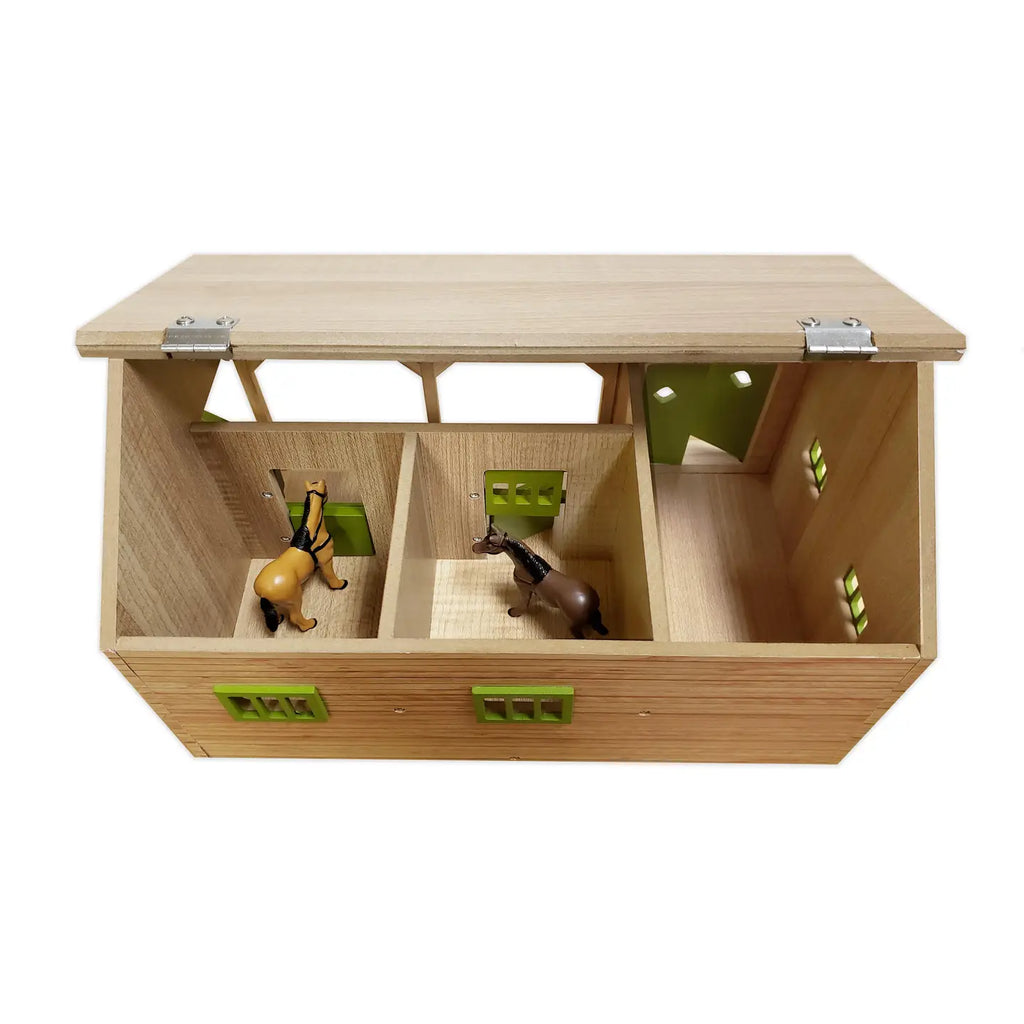Top view of the wooden horse stable with roof lifted, showing two stalls with toy horses and storage bay
