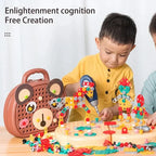 Kids building colorful screw-together shapes next to the bear play toolbox