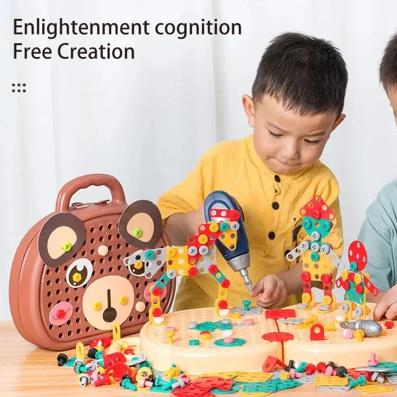 Kids building colorful screw-together shapes next to the bear play toolbox