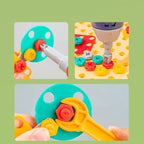 Close-ups of toy drill, screws, and wrench being used on colorful play pieces