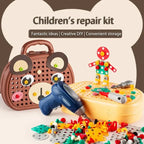 Bear toolbox repair kit with toy drill, pegboard base, and scattered screw pieces