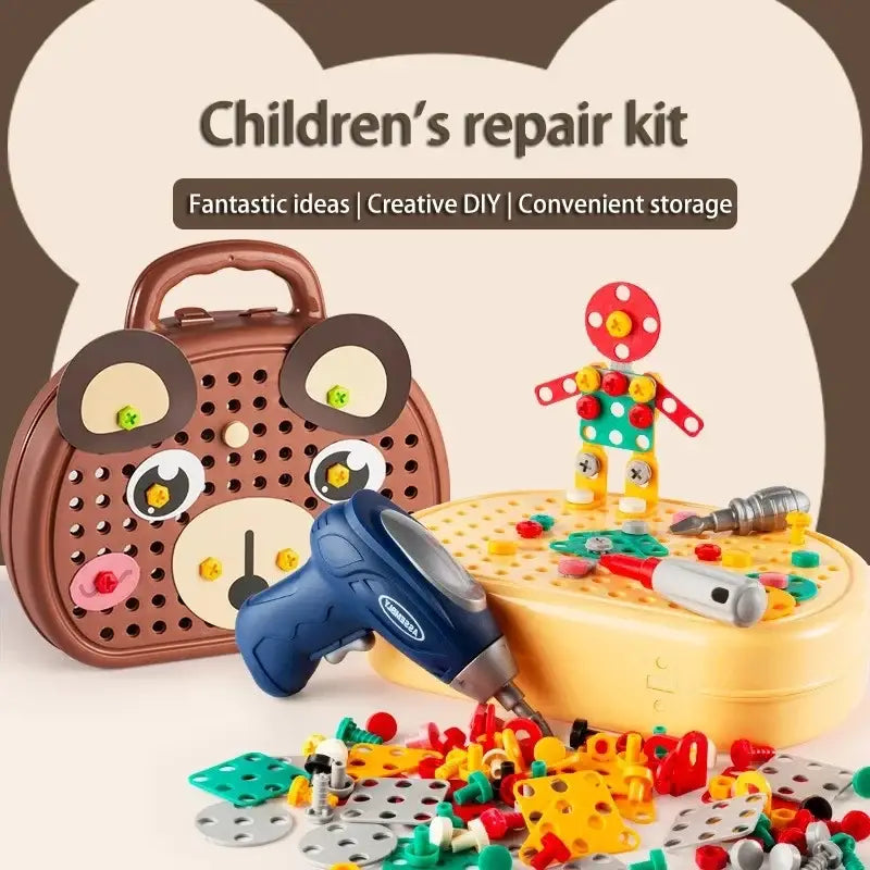 Bear toolbox repair kit with toy drill, pegboard base, and scattered screw pieces