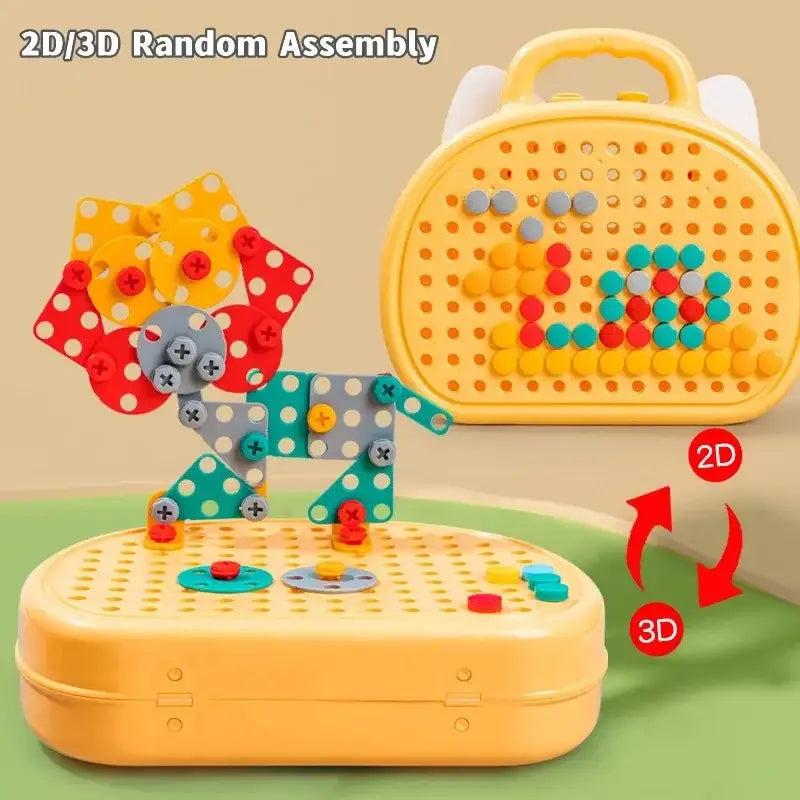 2D and 3D screw-together designs built on a yellow pegboard play case