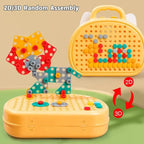 2D and 3D screw-together designs built on a yellow pegboard play case
