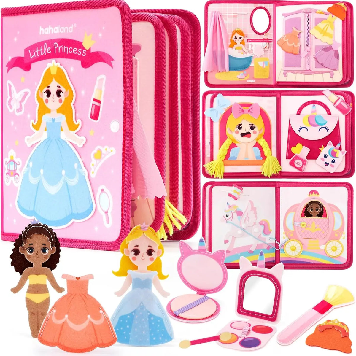 Hahaland Little Princess pink felt busy book with princess dolls, dresses, and makeover pieces