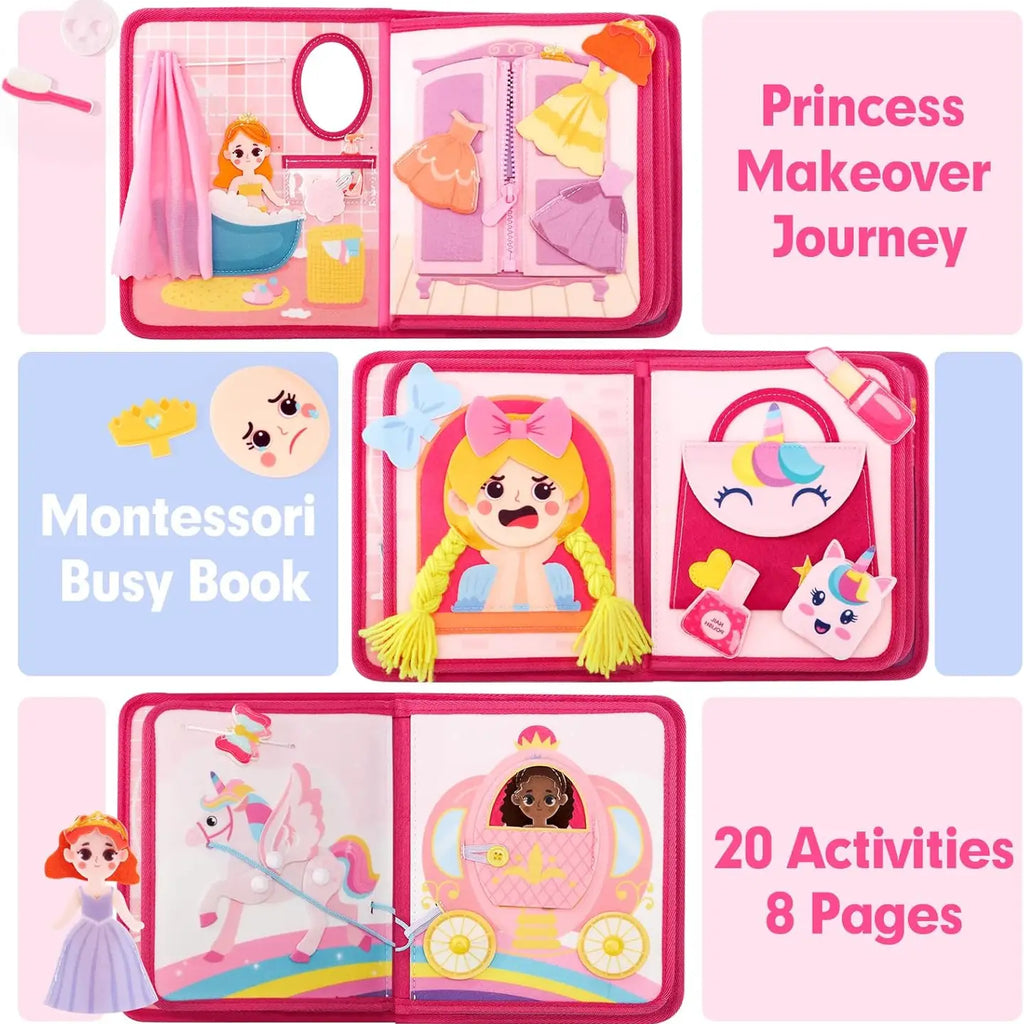 Princess busy book pages with bath, wardrobe, makeup, and carriage scenes: 20 activities, 8 pages