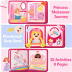 Princess busy book pages with bath, wardrobe, makeup, and carriage scenes: 20 activities, 8 pages