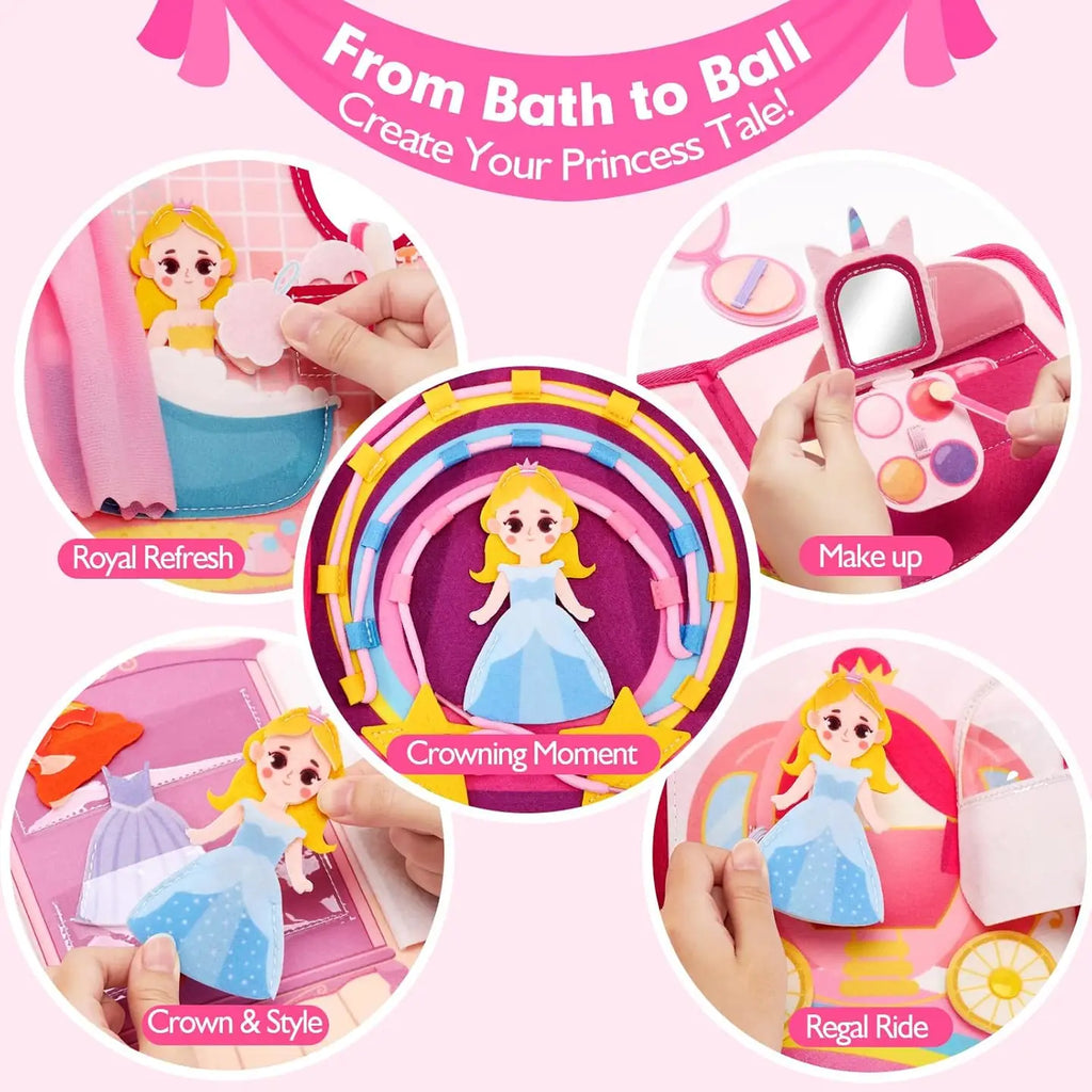 Hands playing with princess busy book activities: bath, makeup, crown, dress-up, and carriage