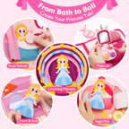 Hands playing with princess busy book activities: bath, makeup, crown, dress-up, and carriage