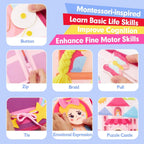 Busy book skill pages: button, zip, braid, pull, tie, emotions, and puzzle castle activities