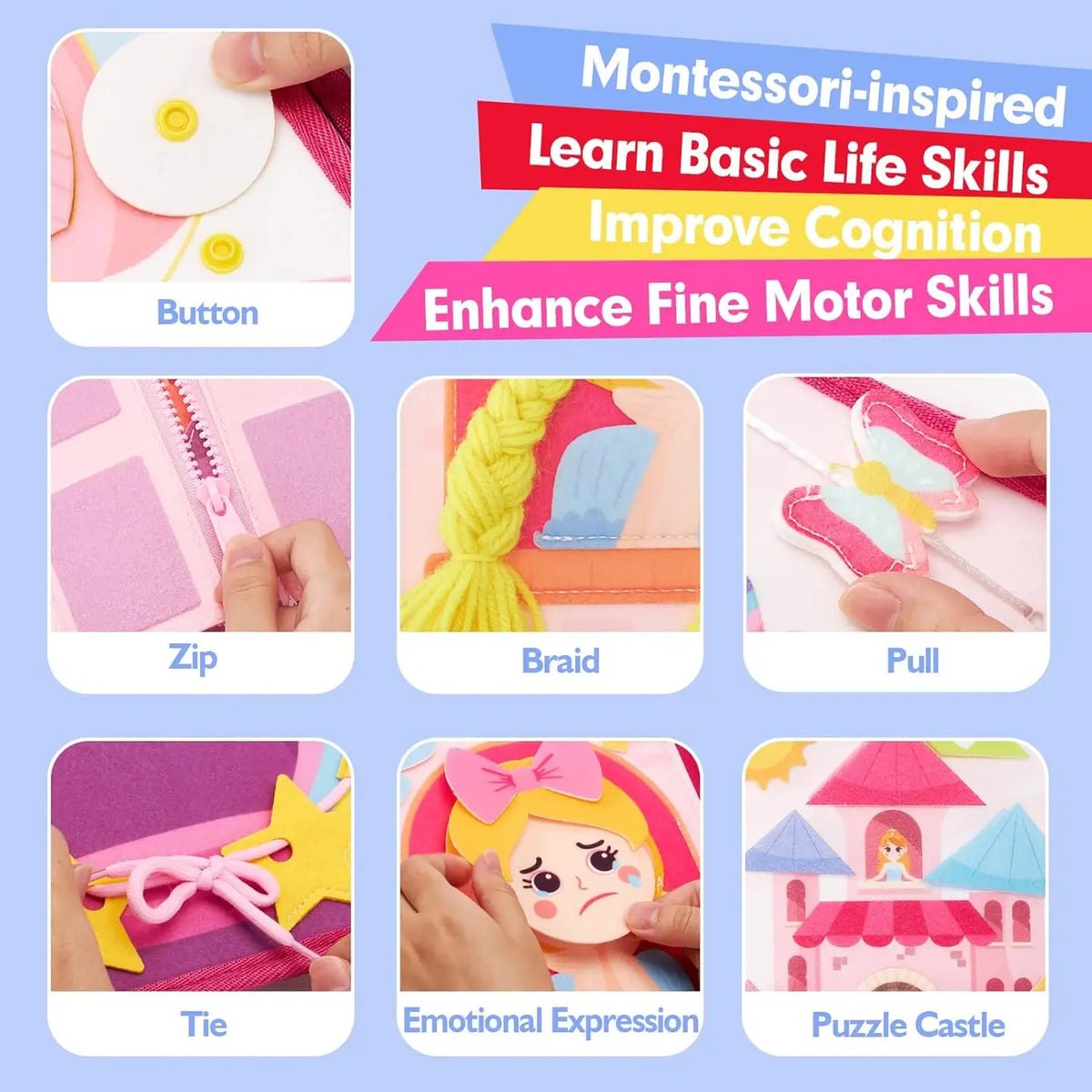 Busy book skill pages: button, zip, braid, pull, tie, emotions, and puzzle castle activities