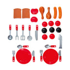 Paradiso Toys BBQ Party accessories laid out: play food, utensils, and red plates
