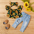 Toddler sunflower print off-shoulder top, distressed light-wash jeans, and matching headband, flat lay