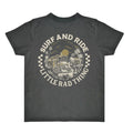 Back of faded black Surf and Ride Little Rad Things tee with circular beach graphic