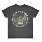 Back of faded black Surf and Ride Little Rad Things tee with circular beach graphic