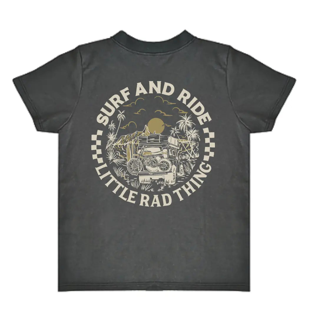 Back of faded black Surf and Ride Little Rad Things tee with circular beach graphic