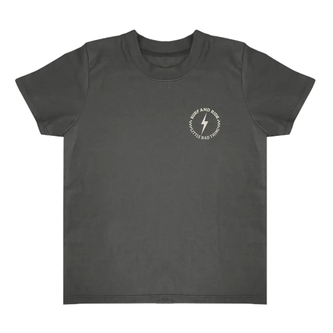 Front of faded black Surf N Ride kids tee with small lightning bolt logo