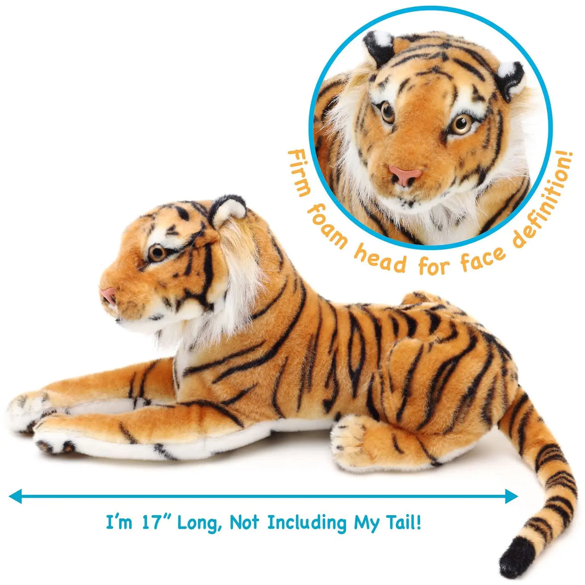 Arrow the Tiger realistic lying tiger plush with face close-up inset