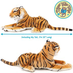 Realistic orange and black striped lying tiger plush, two views
