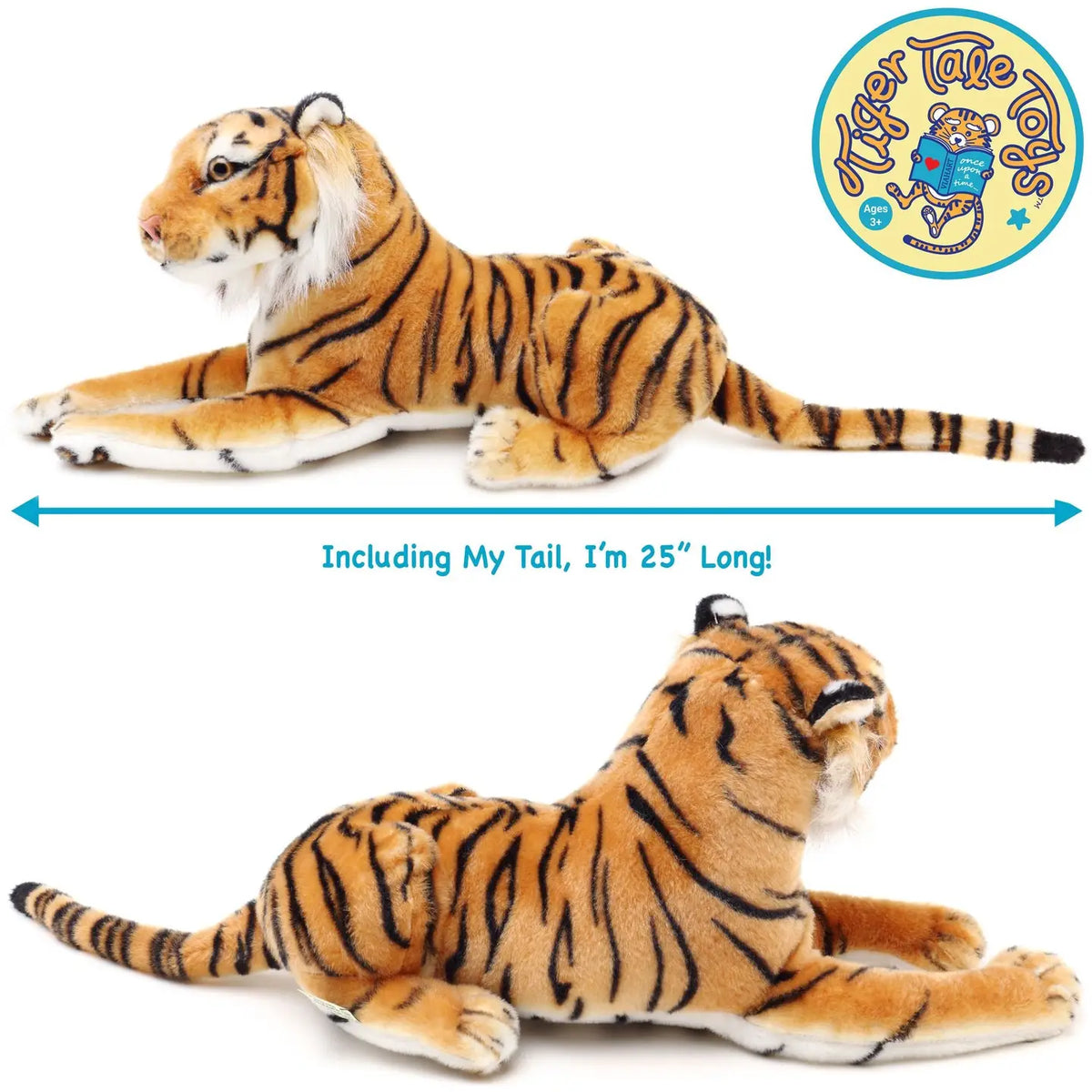 Arrow the Tiger plush shown from two angles with length callout