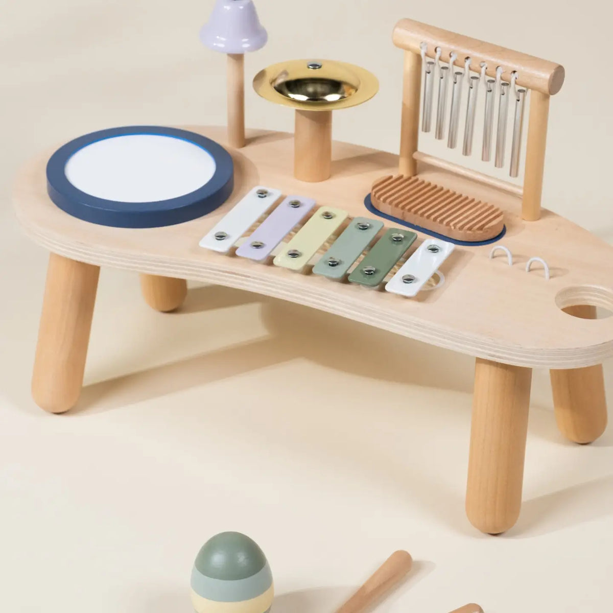 Coco Village wooden musical play station with xylophone, drum, and chimes