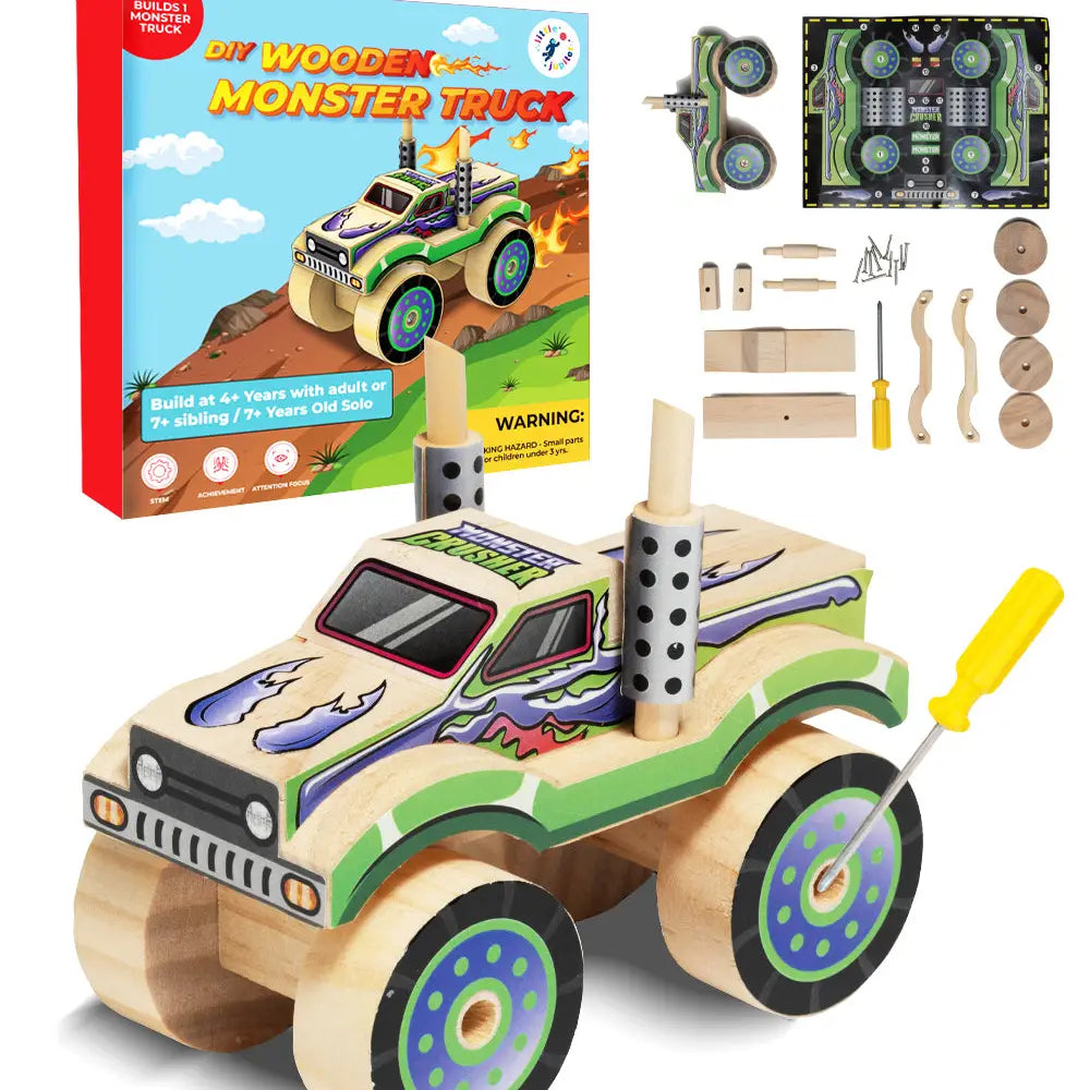 Little Jupiter DIY wooden monster truck kit box with finished truck and parts