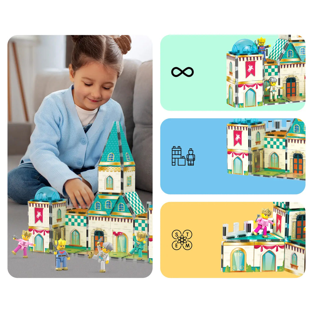 Girl building a magnetic tile castle with example PicassoTiles castle builds