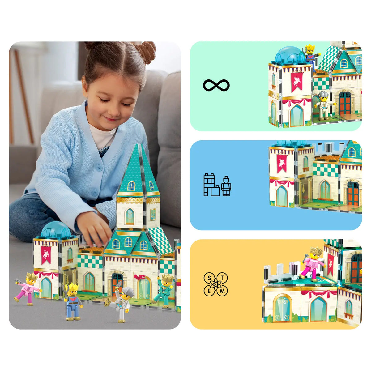 Girl building a magnetic tile castle with example PicassoTiles castle builds