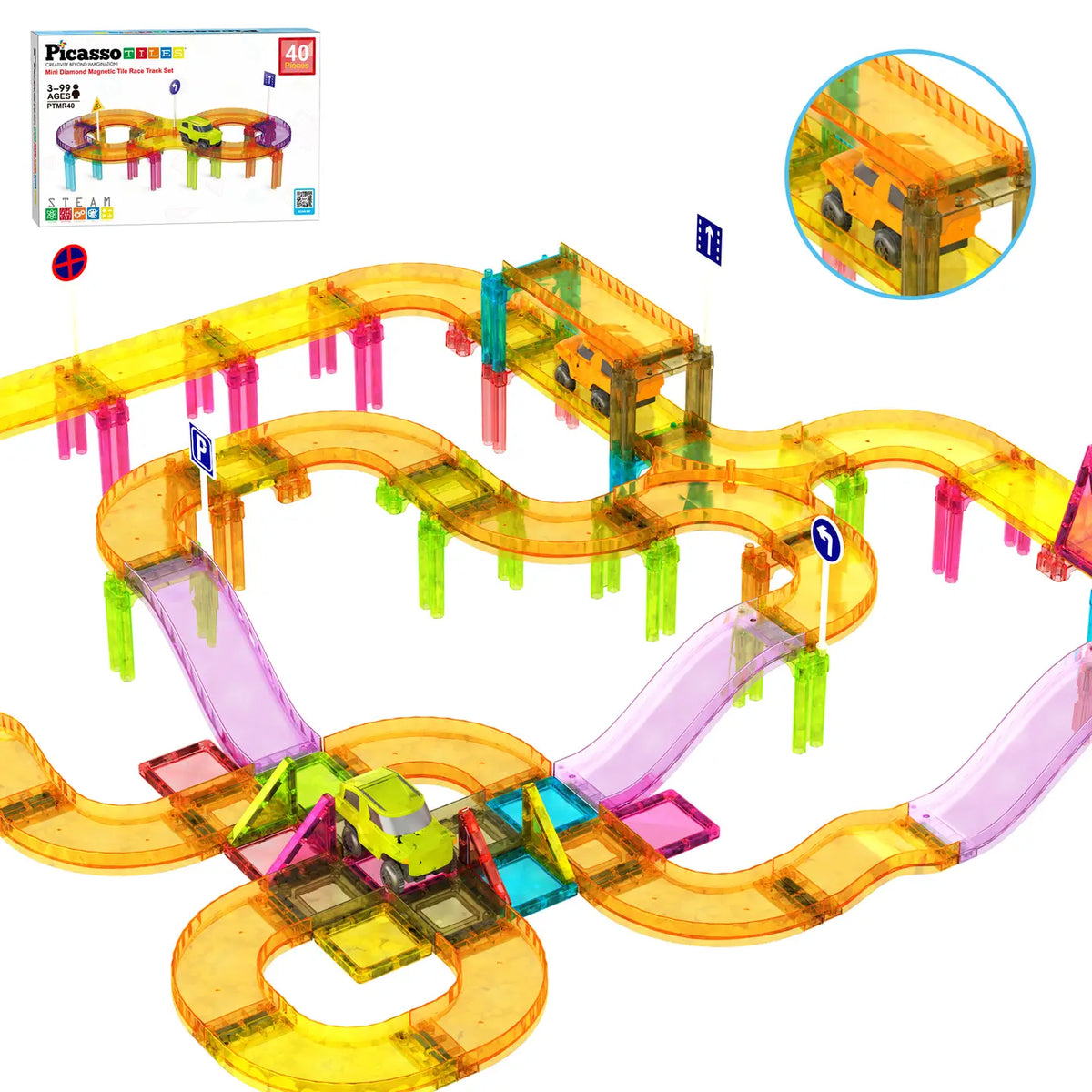PicassoTiles 40-piece mini magnetic race track built into curves and ramps with a green LED car